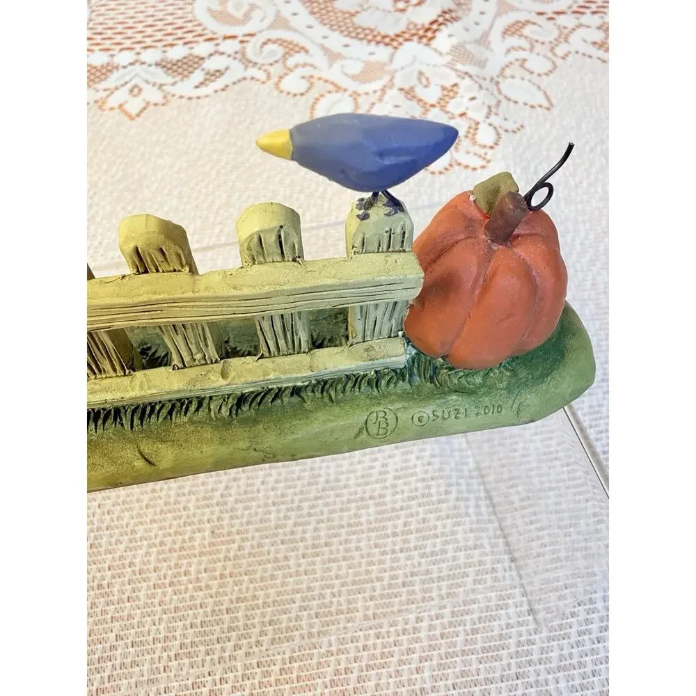 Blossom Bucket Suzi Resin Fall Pumpkin Fence Flower Bird Figurine 116-84563 Rare
